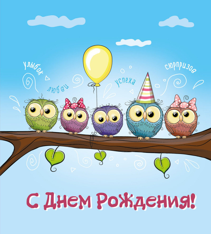 Забавная открытка на День Рождения с совами